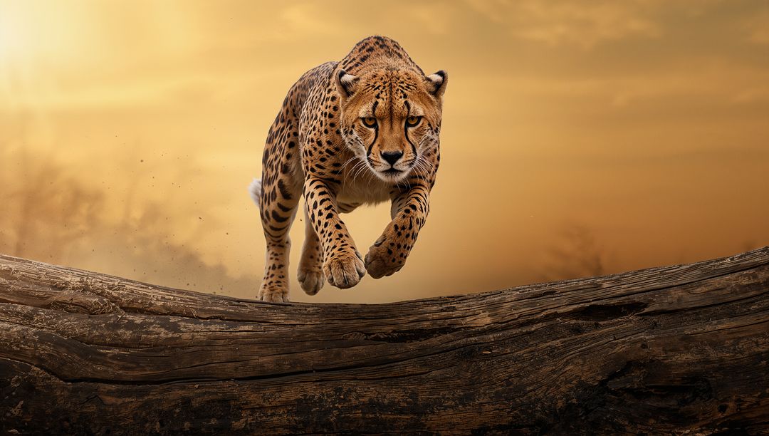 Cheetah Leaping Over Desert Log During Stunning Sunset