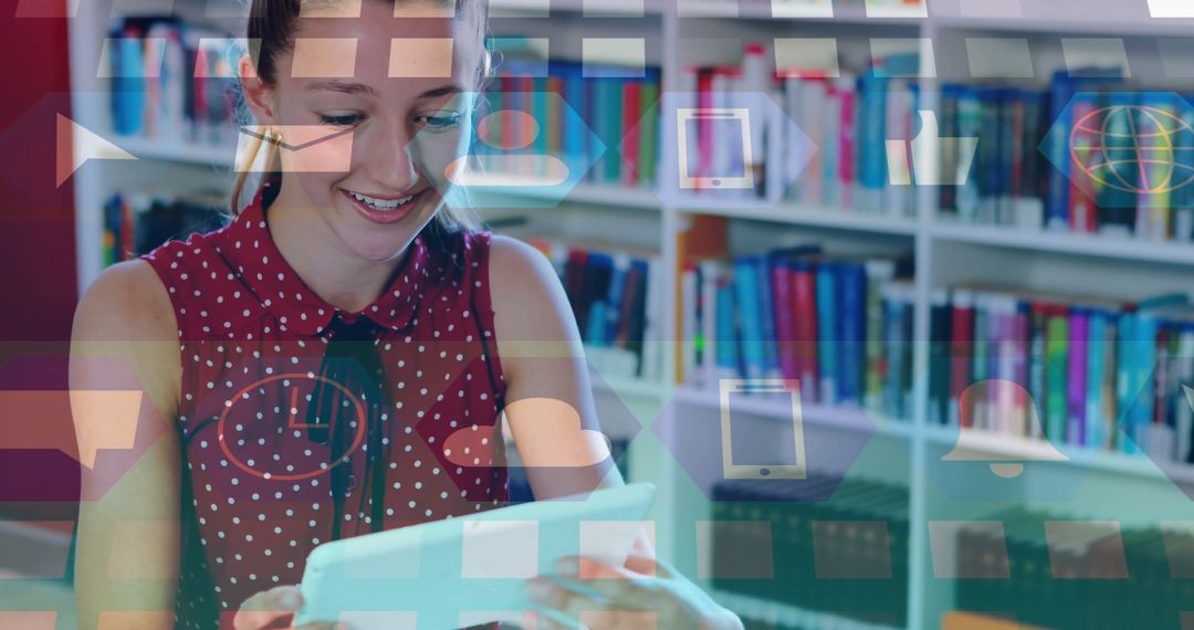 Young Woman Engaged in Digital Learning with Tablet in Modern Library