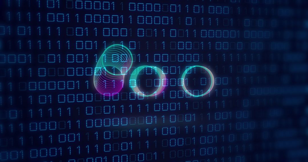 Futuristic Neon Circles on Binary Code Background