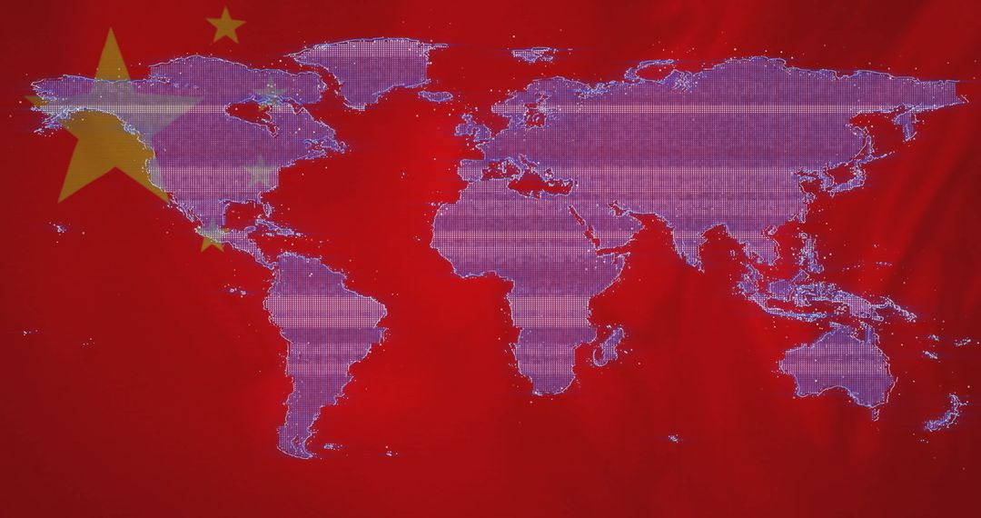 Glitch Art World Map with Chinese Five-Star Motif