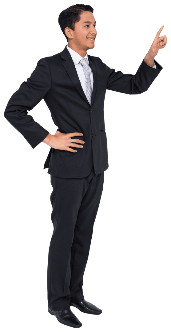 Smiling Asian Businessman Confidently Pointing on Transparent Background