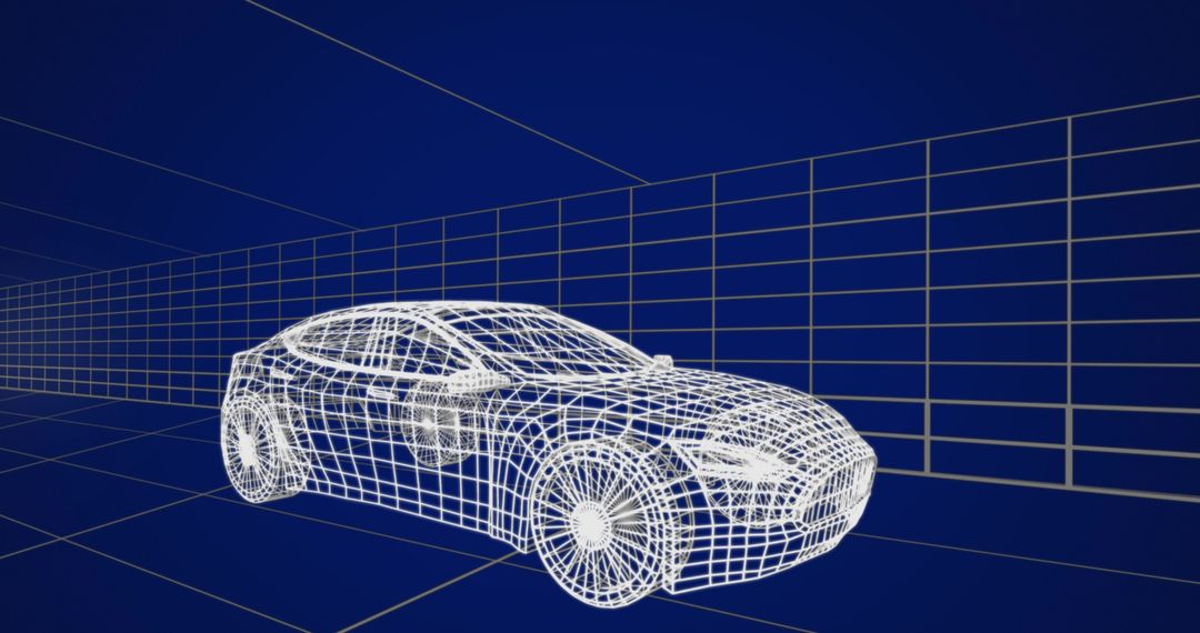 Futuristic Wireframe Car in Virtual Digital Environment
