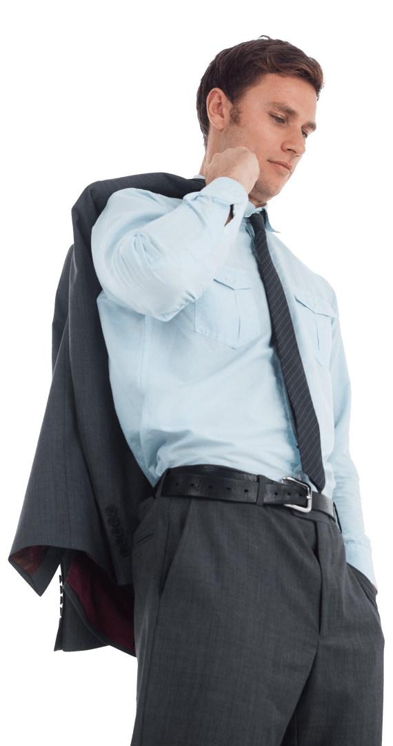 Serious Businessman Holding Jacket and Looking Down Thoughtfully