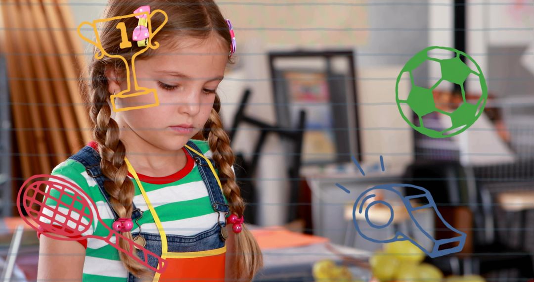 Young Girl Cutting Shapes at Craft Table in Art Classroom with Playful Sports Doodles