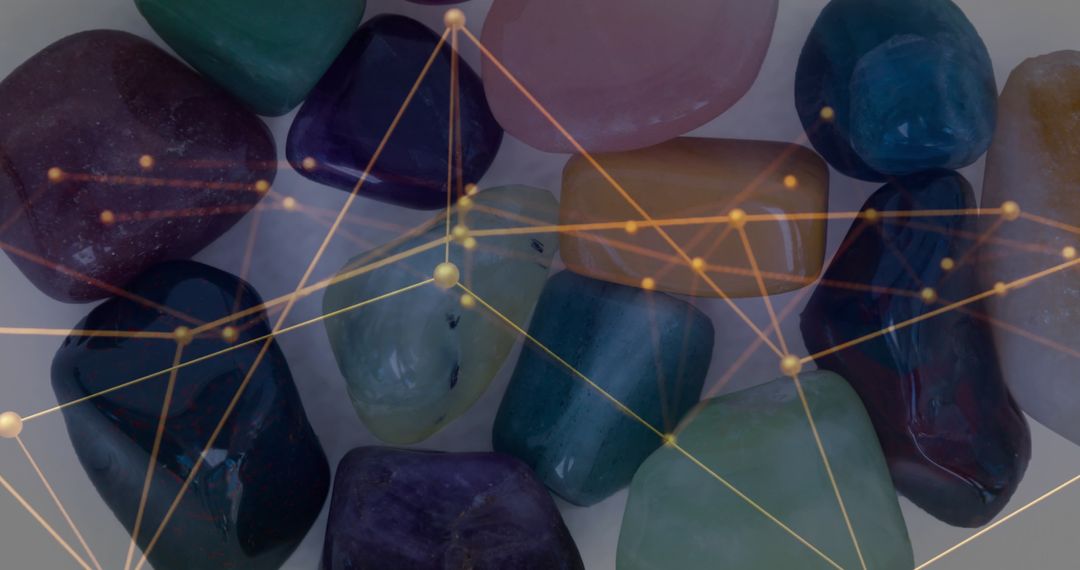 Polished Gemstones Connected by Golden Network on White Background
