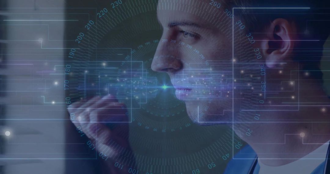 Technician Manipulating Futuristic Holographic Interface in Lab