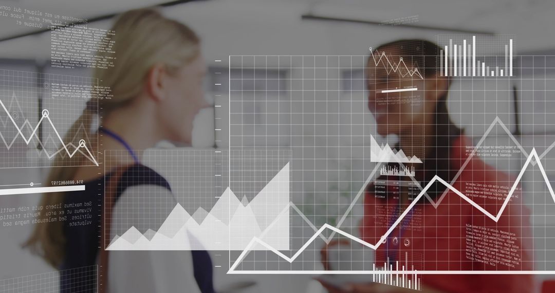 Diverse Team Discussing with Data and Analytics Graphics Overlay