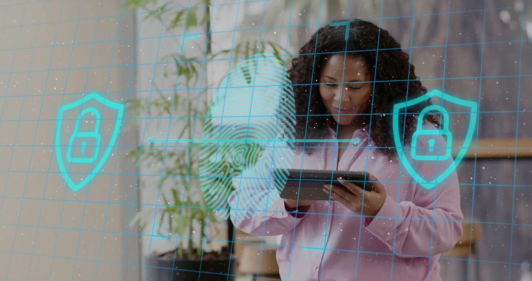 Businesswoman Exploring Biometric Fingerprint Security in Office