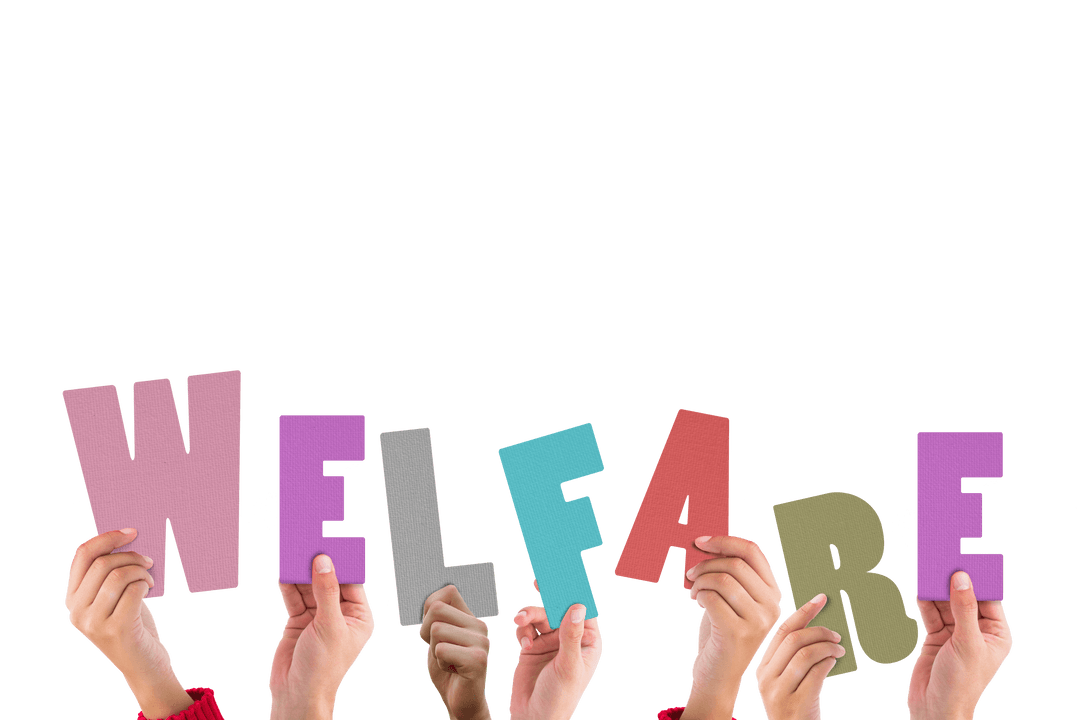 Hands Holding 'Welfare' Letters on Transparent Background