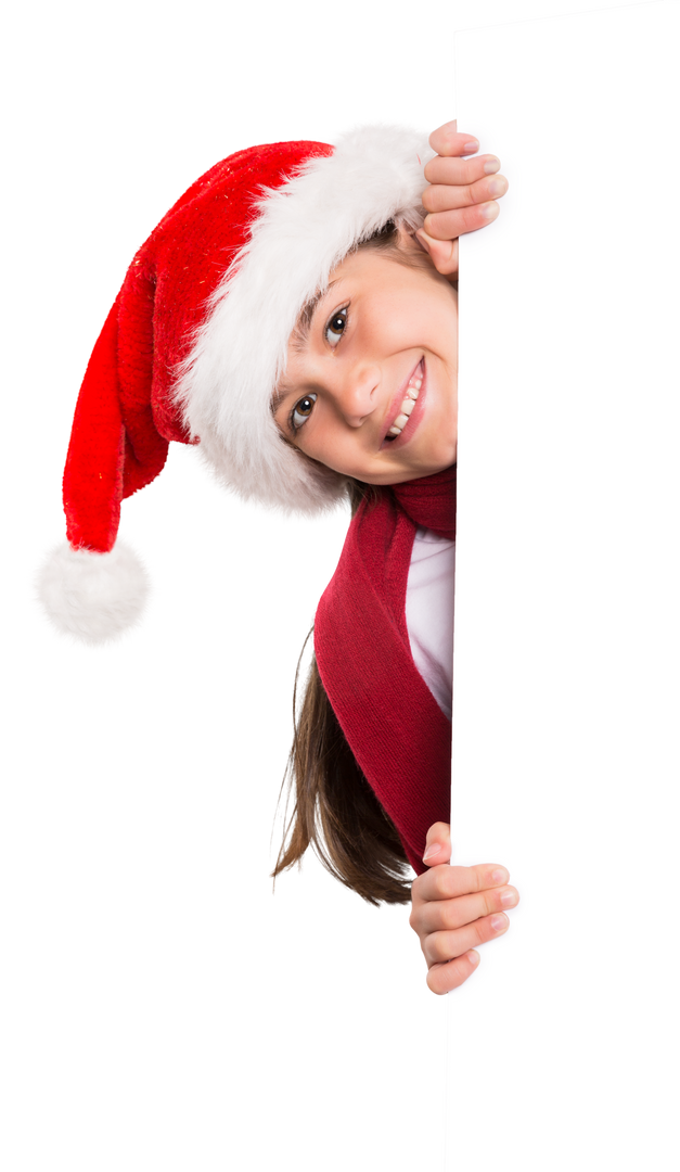 Festive Girl with Santa Hat Showing Blank Transparent Blank Sign in White Background - Download Free Stock Images Pikwizard.com