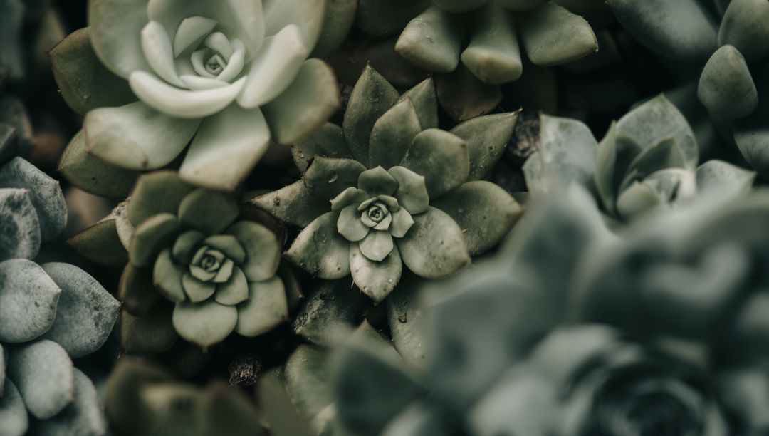 Close-Up of Symmetric Rosette Succulents in Muted Green Tones