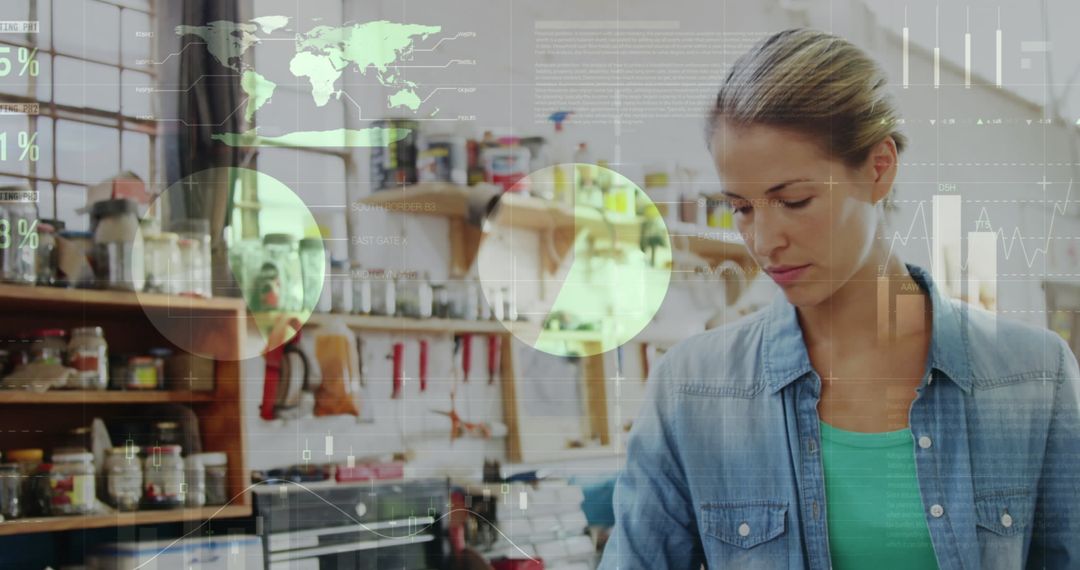 Woman Analyzing Data Visuals in Artisan Coffee Space