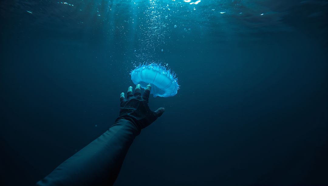 Diver Reaching for Jellyfish in Mysterious Deep Sea