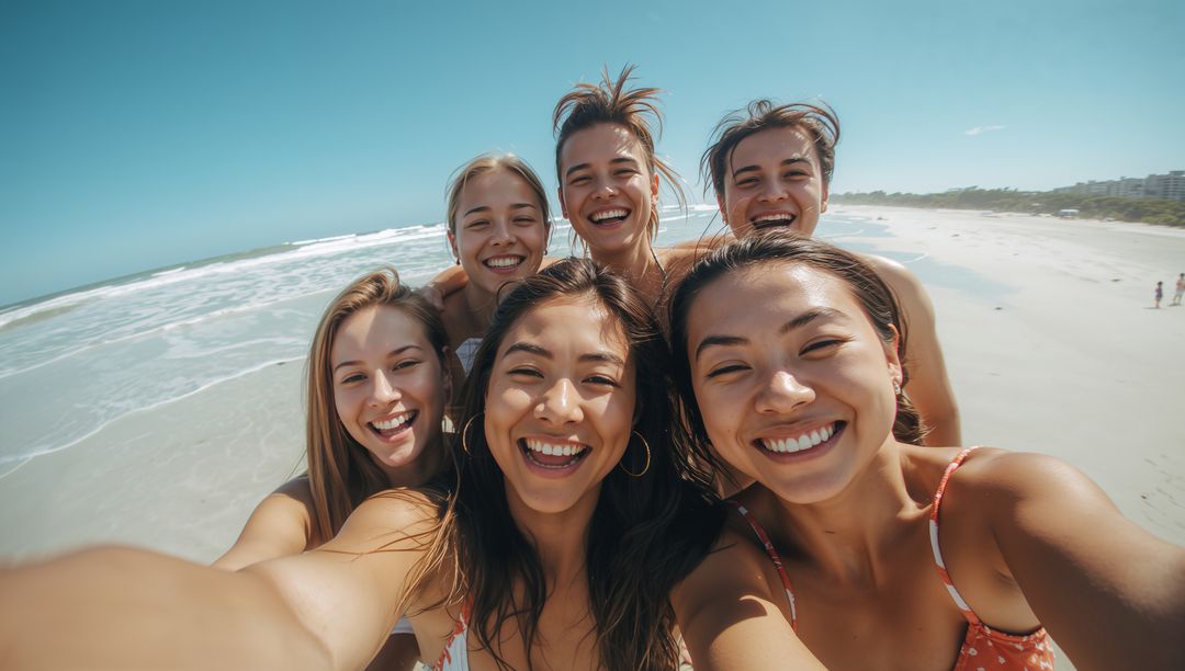 Cheerful Group of Friends Enjoying Beach Day Together