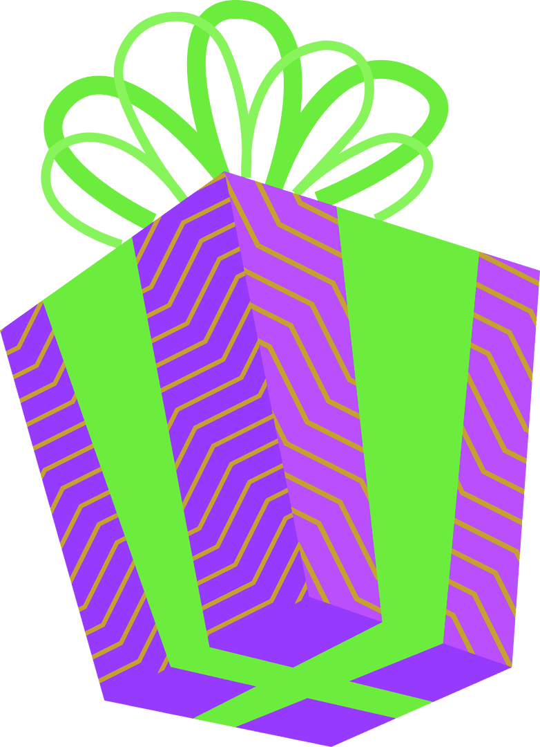 Colorful Geometric Gift Box with Green Bow on Transparent Background