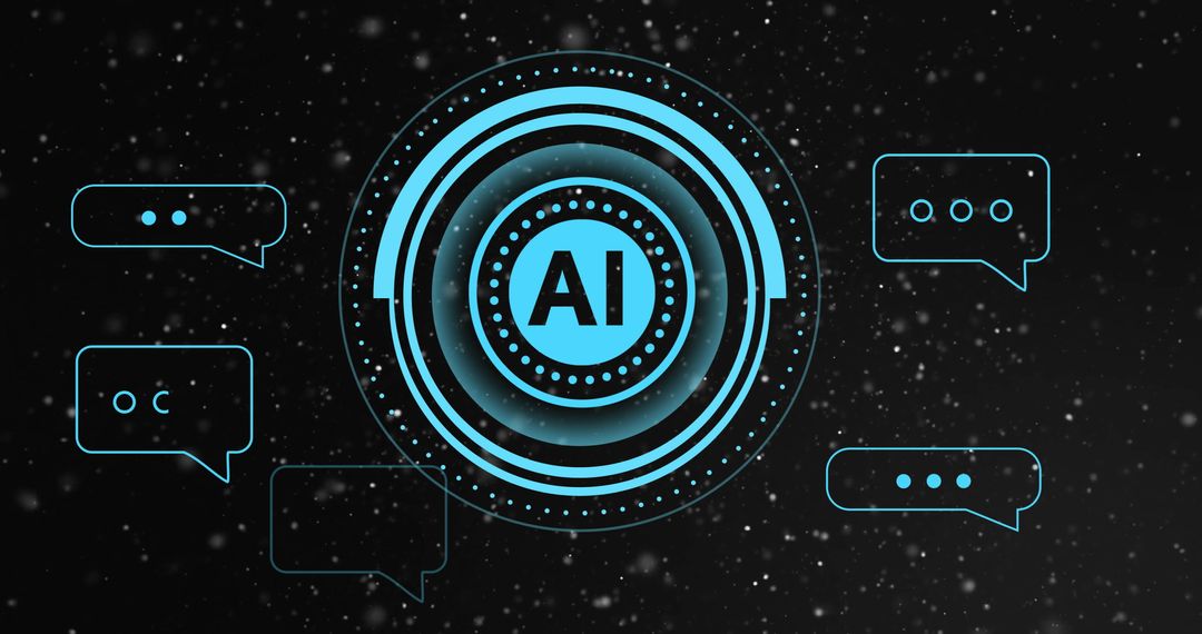 AI Digital Data Processing with Speech Bubbles on Black Background