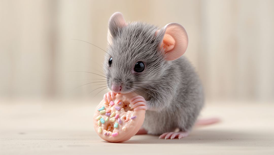 Tiny Gray Mouse Nibbling Pink-Frosted Donut with Colorful Sprinkles Closeup, Adorable Cozy