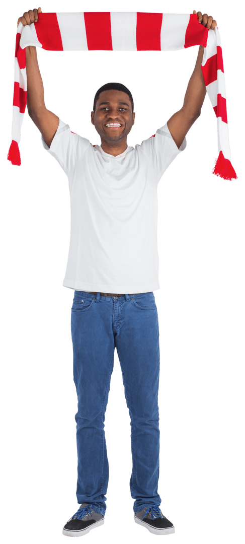 Joyful African American Fan Holding Red and White Scarf