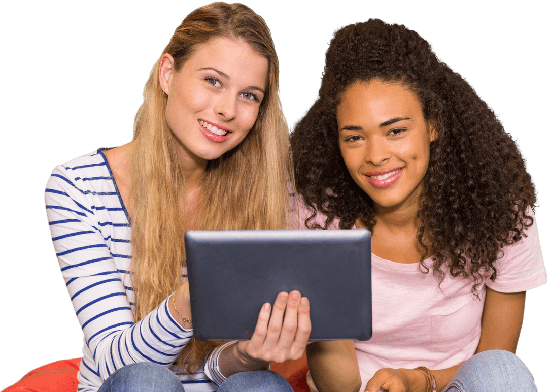 Transparent Smiling Women Using Tablet Together Indoors