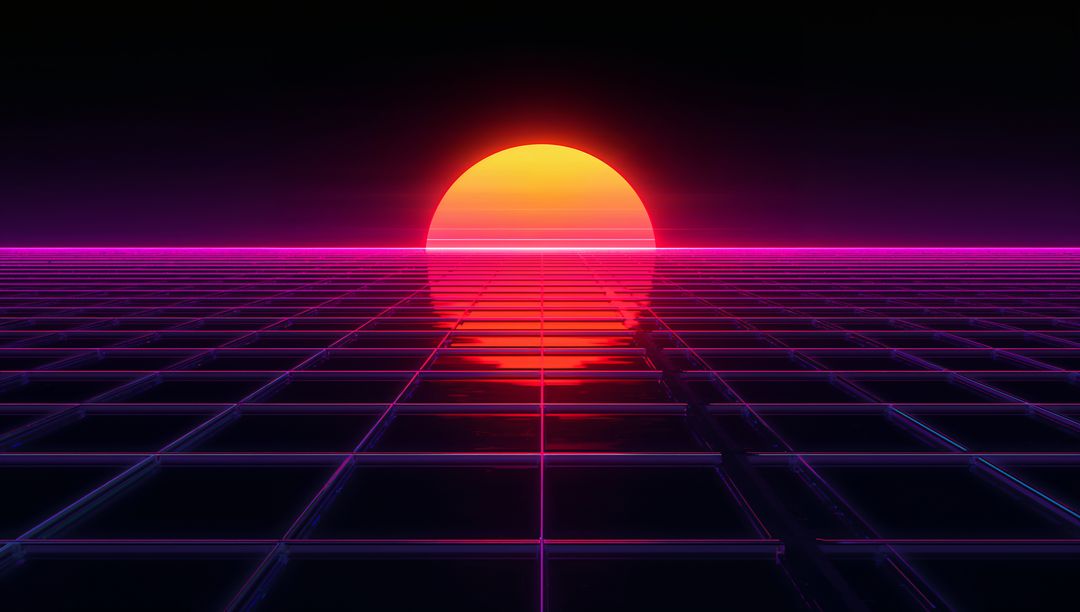 Neon Sunset Reflecting on Futuristic Grid with Retro 80s Synthwave Vibes