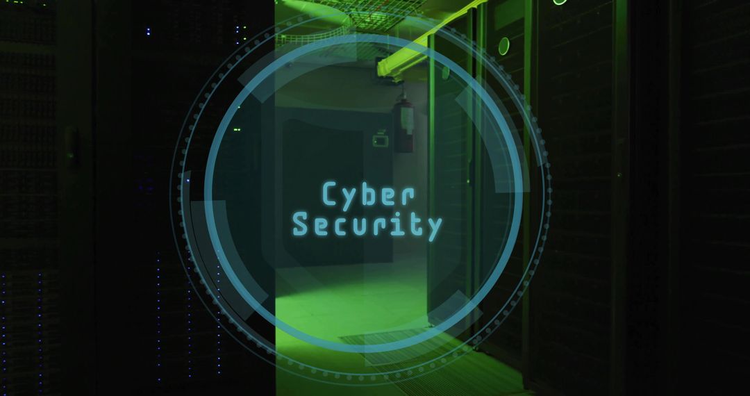 Cyber Security Interface Display in Futuristic Data Center Corridor