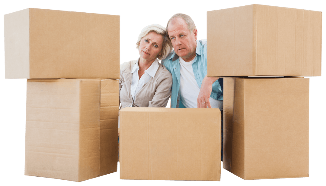 Stressed Mature Couple Among Moving Boxes on Transparent Background