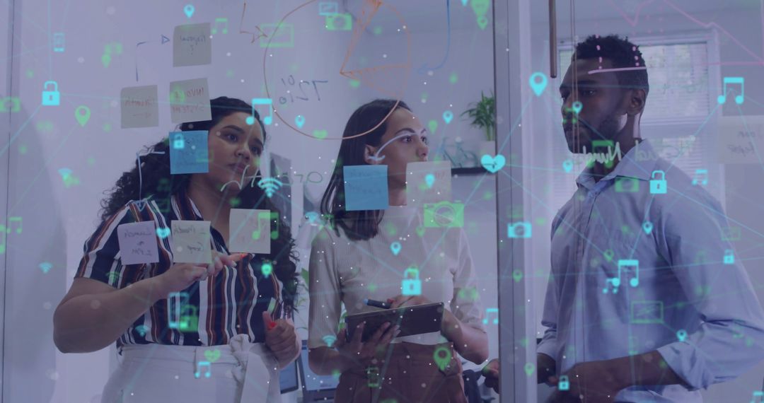 Diverse Team Brainstorming in Modern Office with Media Network Overlay