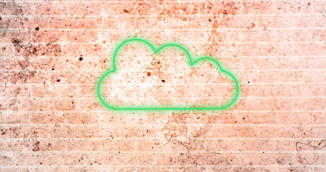 Neon Cloud Icon on Weathered Brick Wall Design