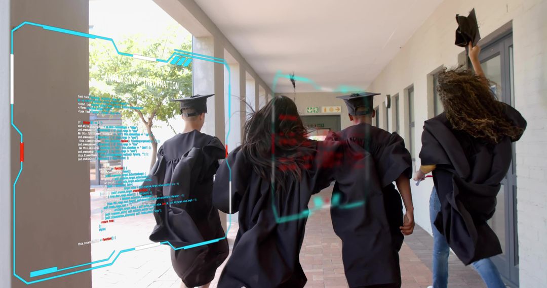 Graduates Running Through Campus Corridor with Futuristic Hologram Code Overlay