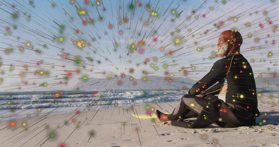 Surfer Meditating Seaside with Dynamic Particle Overlay