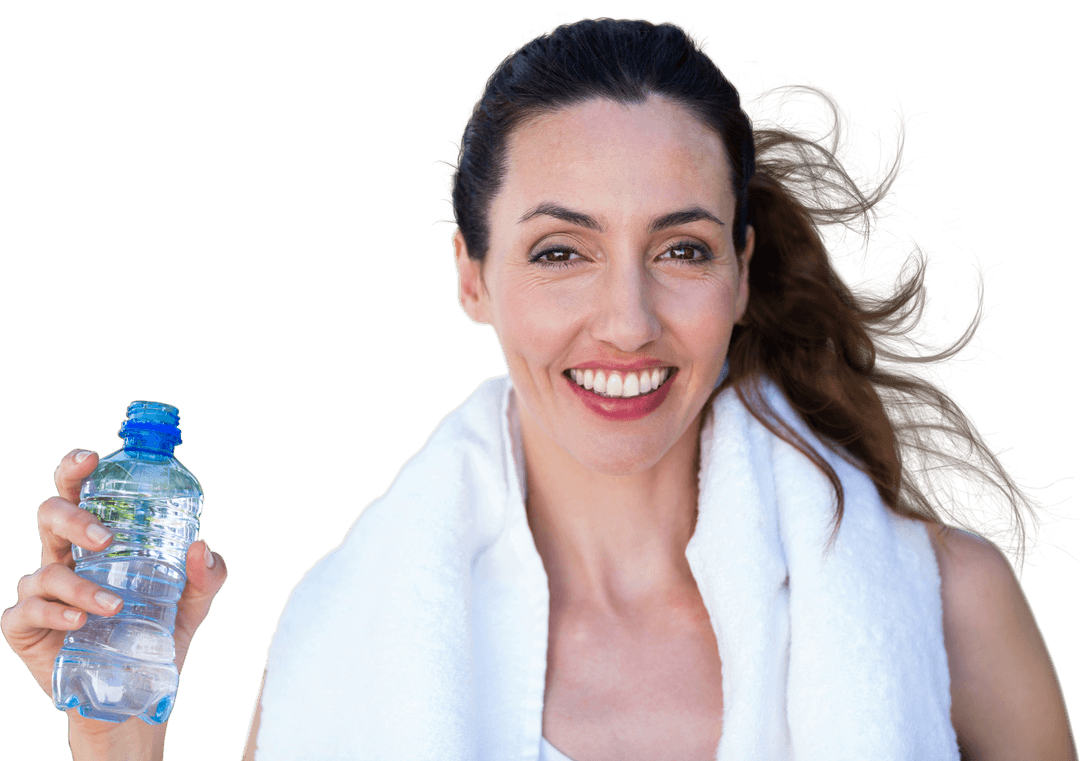 Smiling Woman Holding Water Bottle with Transparent Background