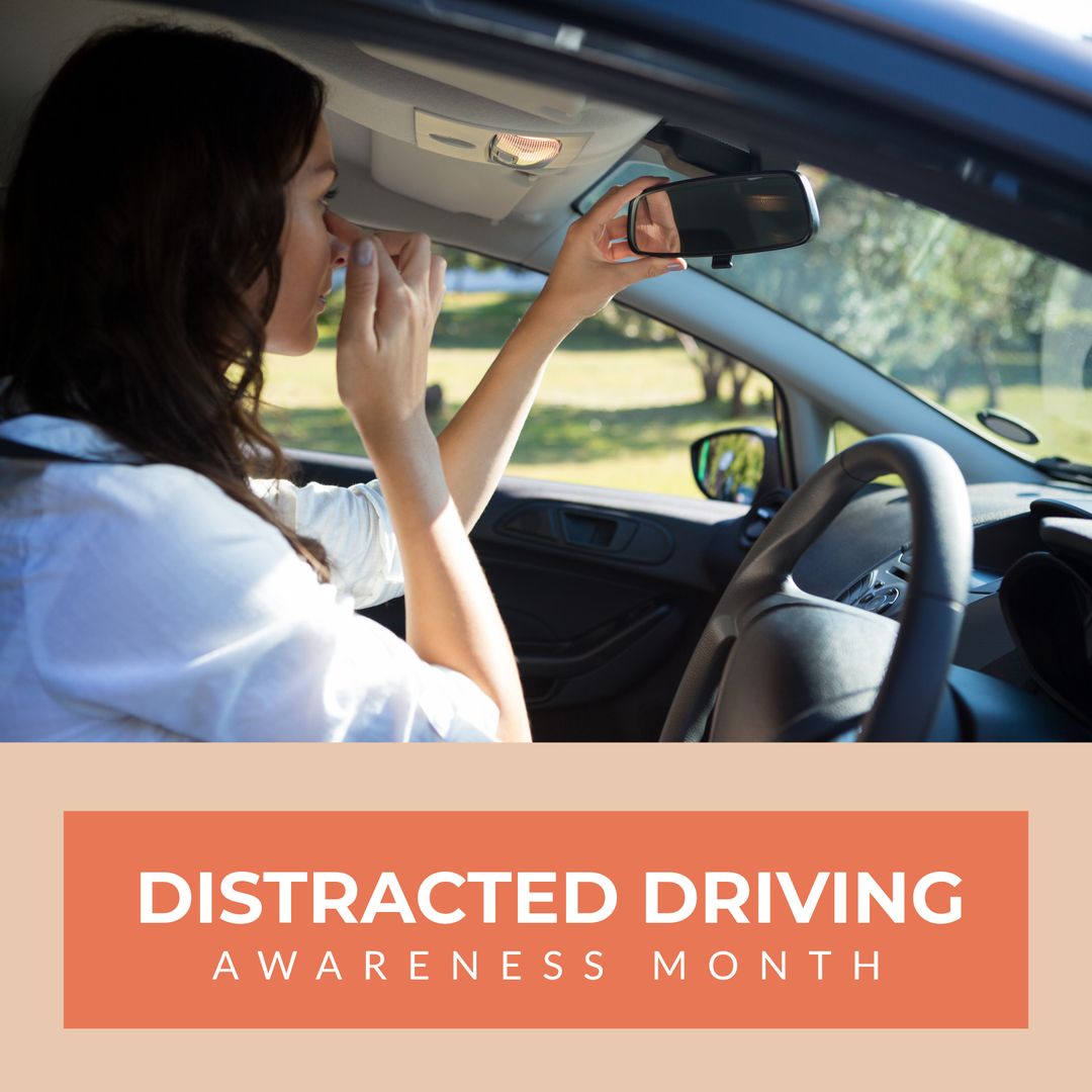 Woman Adjusting Rear-View Mirror In Car During Distracted Driving Awareness Month - Download Free Stock Templates Pikwizard.com