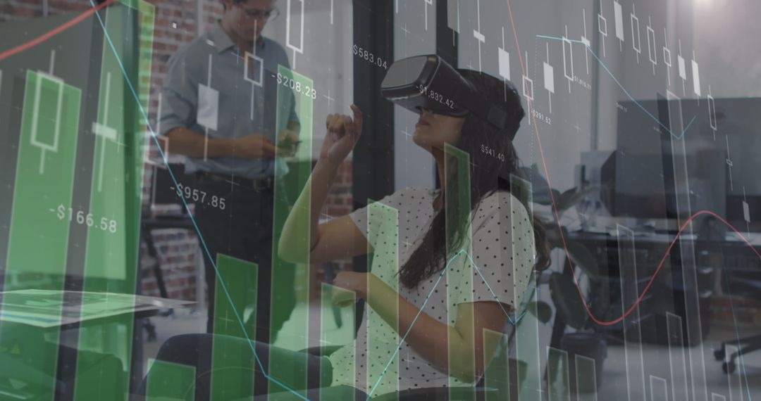 Businesswoman Using VR Headset for Financial Data Visualization