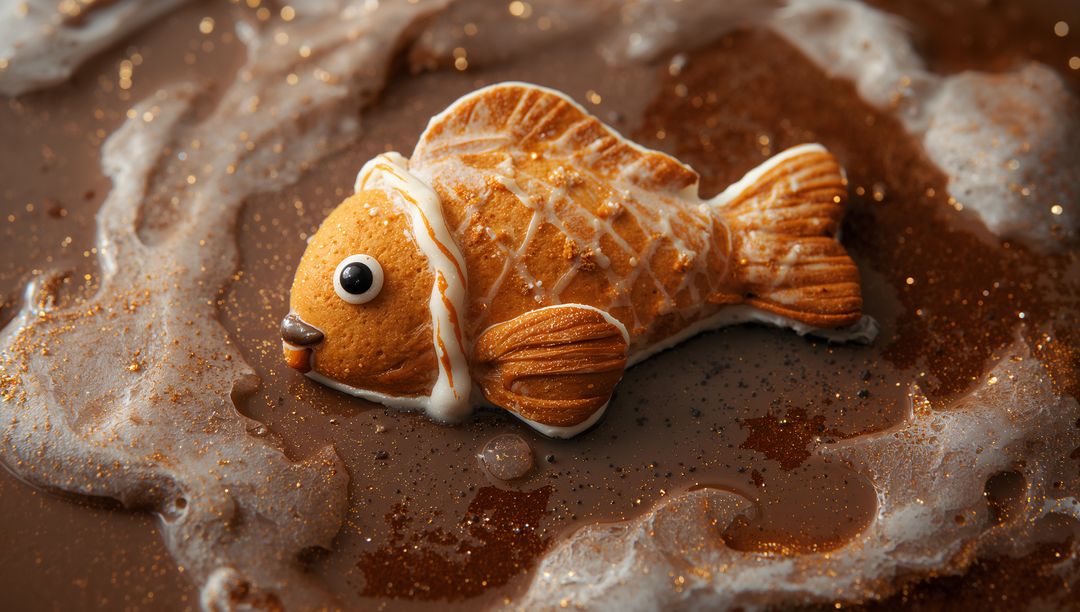 Fish cookie floating on glossy chocolate ganache with white icing and gold glitter
