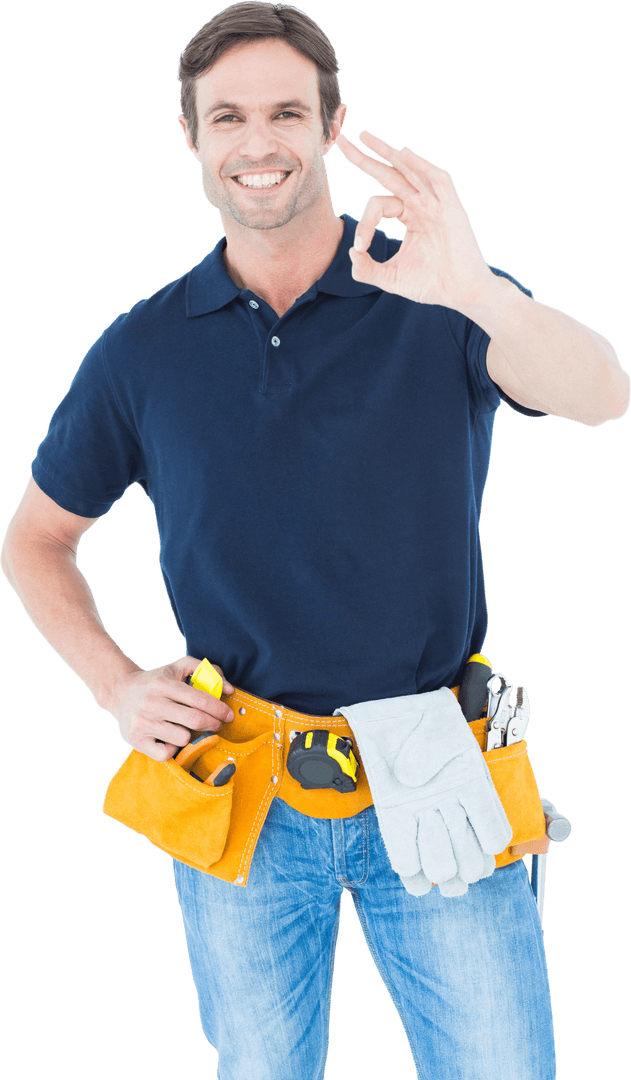 Confident Builder Showing OK Sign with Tool Belt on Transparent Background