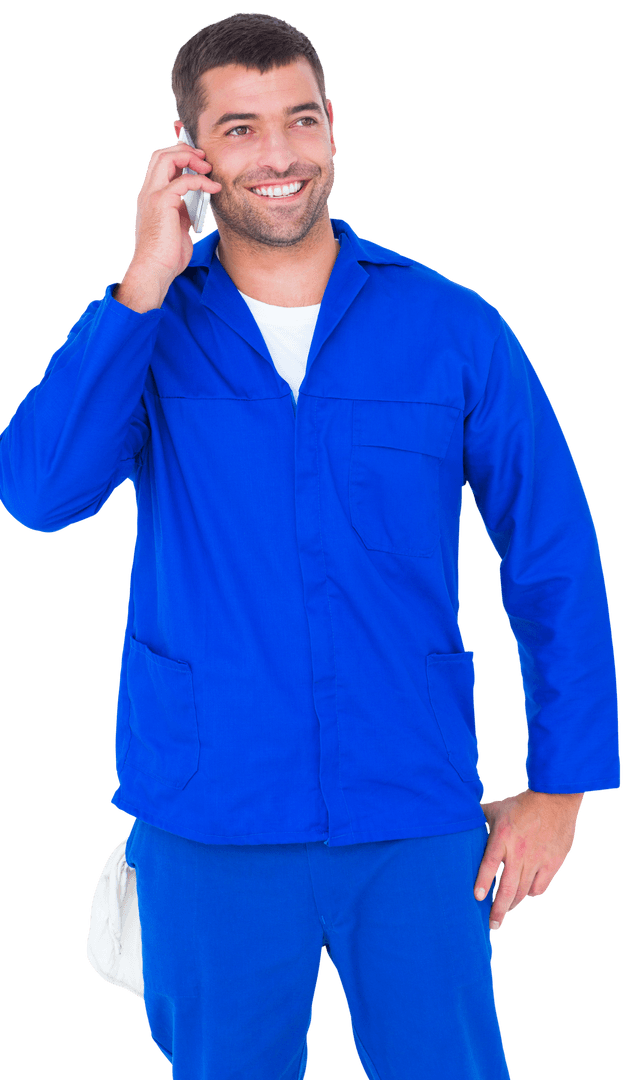 Smiling Mechanic Talking on Phone in Blue Uniform Transparent