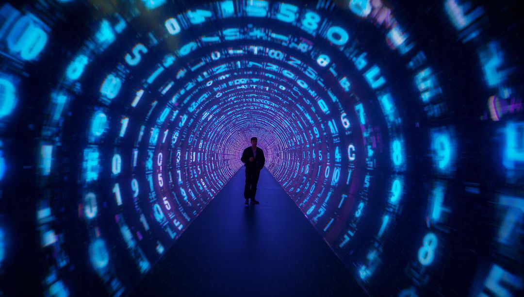 Man exploring immersive digital tunnel with glowing numerical displays