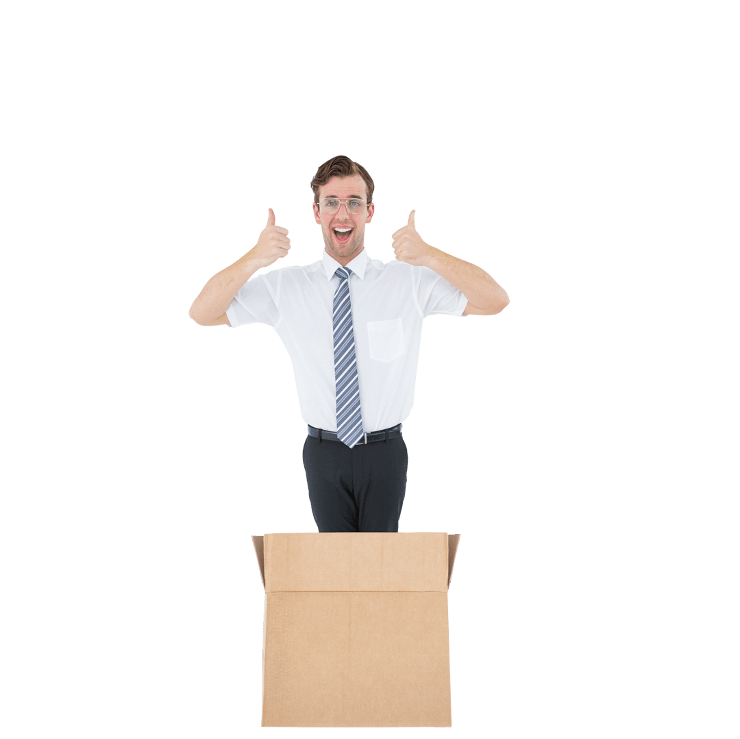 Cheerful Businessman Giving Thumbs Up in Cardboard Box on Transparent Background