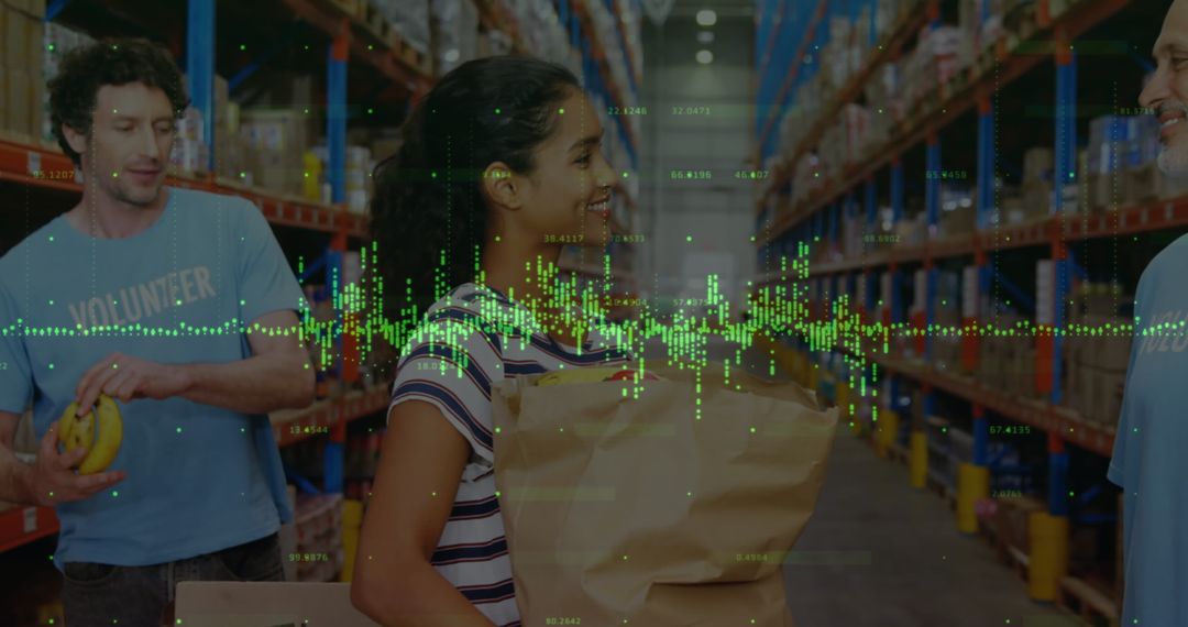 Financial Graphs Overlaying Warehouse Workers