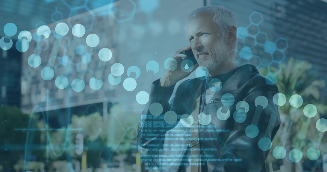 Senior man talking on smartphone with DNA hologram overlay in urban biotech concept