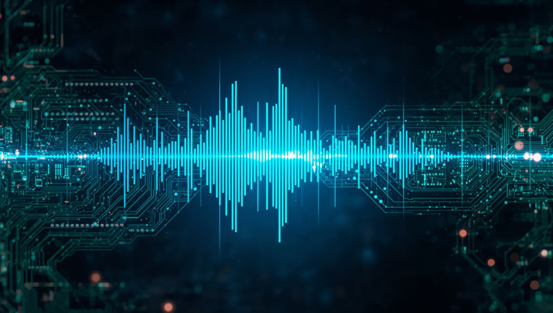 Glowing Cyan Audio Waveform on Digital Interface Circuit Background