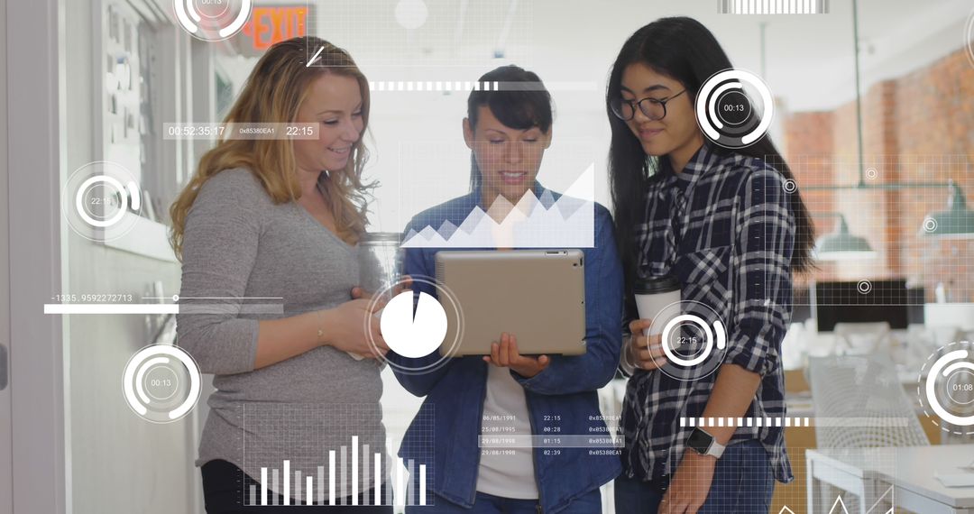 Women Analyzing Data on Tablet Screen with Digital Interface Holograms - Free Images, Stock Photos and Pictures on Pikwizard.com