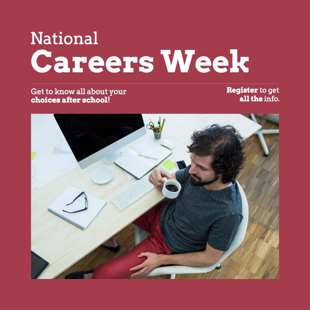 Young Caucasian Businessman with Coffee in Modern Office Workspace