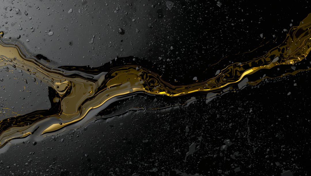 Gold vein flowing across black glossy liquid with reflective droplets and metallic ribbon