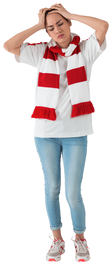 Disappointed Football Fan Wearing Red and White Scarf on Transparent Background