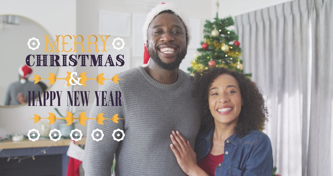 Festive Couple Smiling Next to Christmas Tree at Home