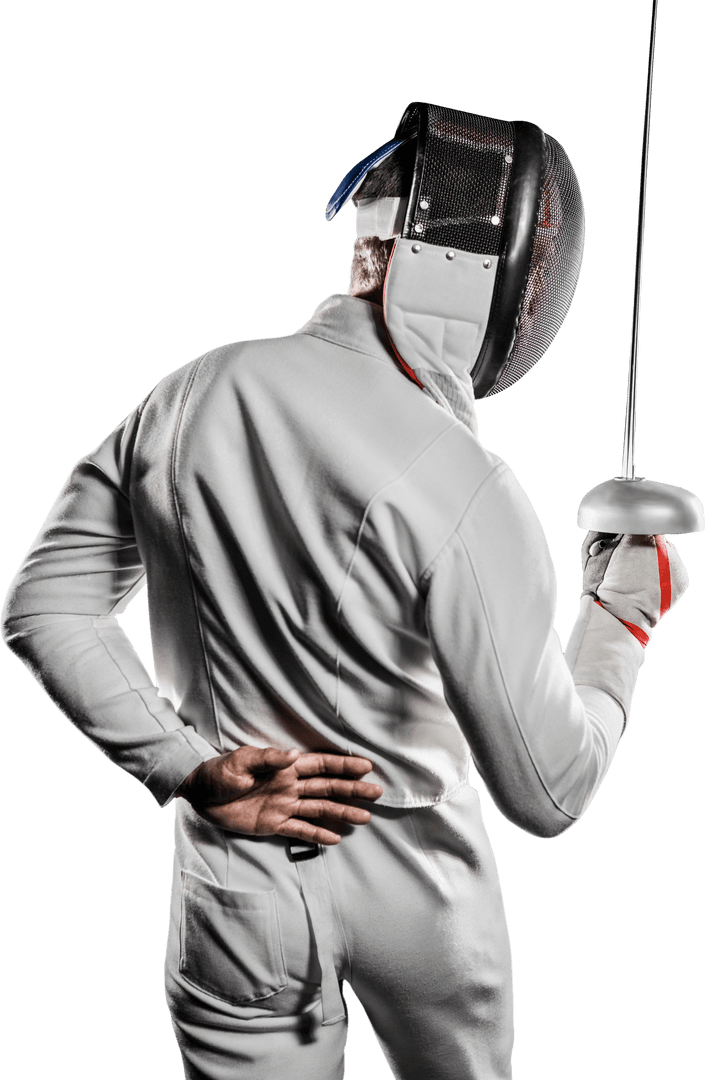 Transparent Fencing Athlete Holding Foil with Protective Mask