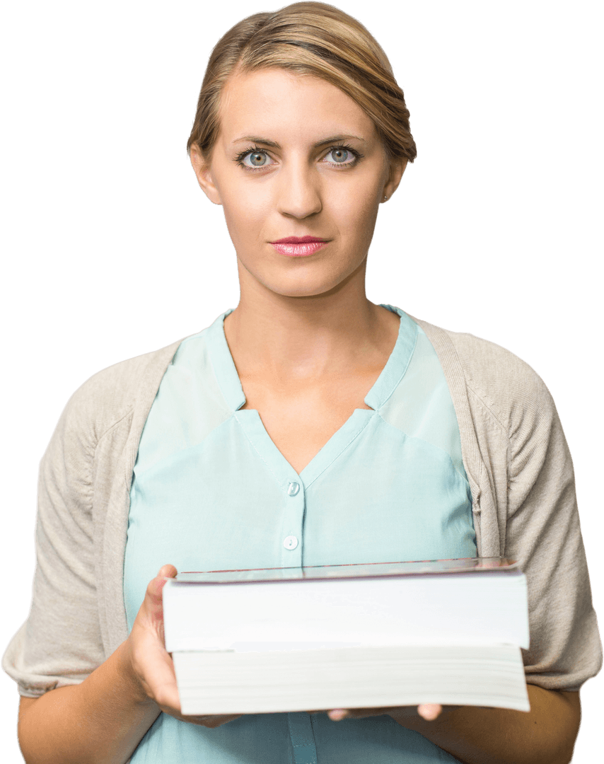 Transparent Businesswoman Holding Books Face on