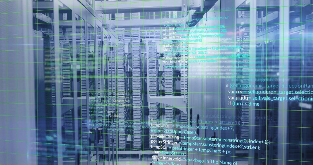 Futuristic Server Room with Digital Codes Overlay