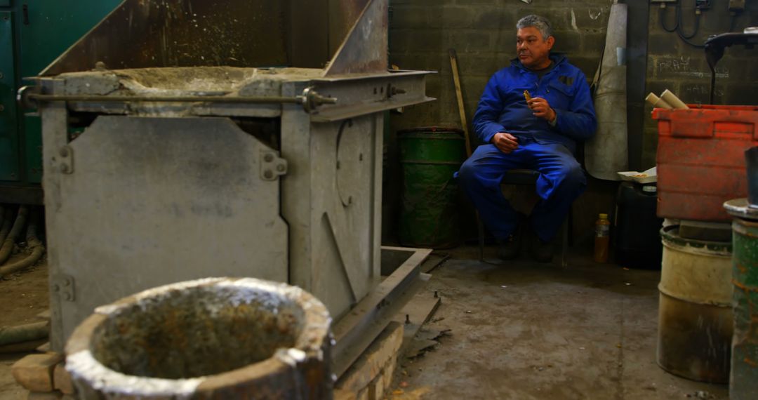 Worker Taking Break in Industrial Workshop - Free Images, Stock Photos and Pictures on Pikwizard.com